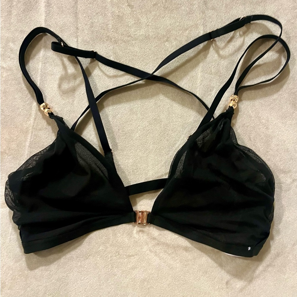 Savage X Fenty Black Gathered Mesh Bralette in Black Caviar Size XL